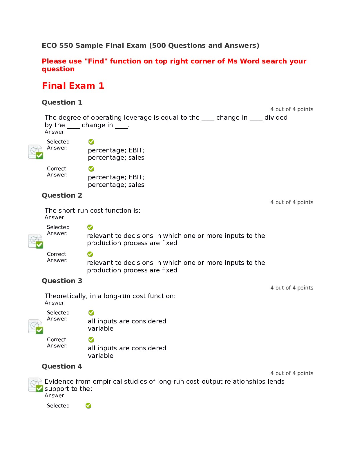 Preview of ECO 550 Final Exam (A Grade), Questions and Answers, All Correct Study Guide, Download to
